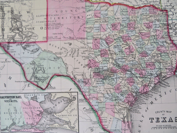 Texas state w/ Galveston inset 1870 Mitchell hand colored map