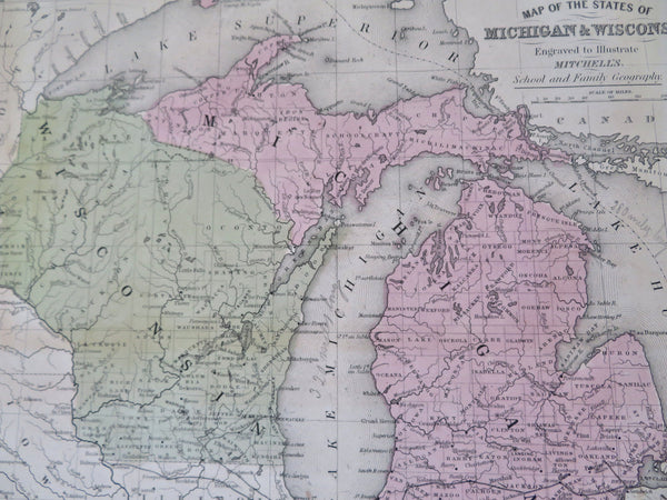 Wisconsin & Michigan Great Lakes 1852 Mitchell JH Young early hand colored map