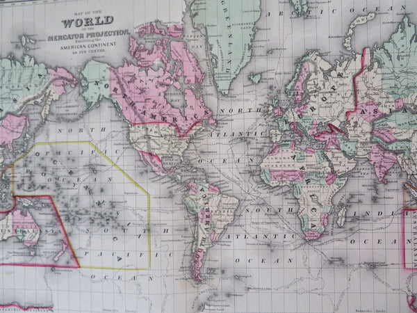 World Map showing exploration tracks Capt. Cook & Wilkes 1871 Mitchell large map