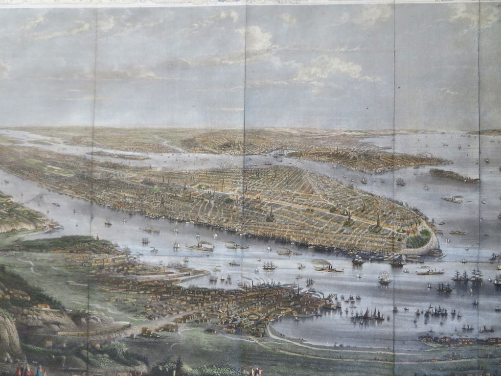 New York City Manhattan Bird's Eye View 1868 Valentine large hand colored print