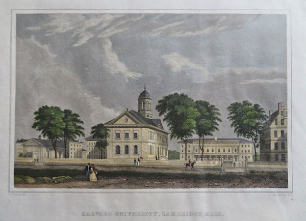 Harvard University Cambridge Mass. Street Scene 1834 architectural view print