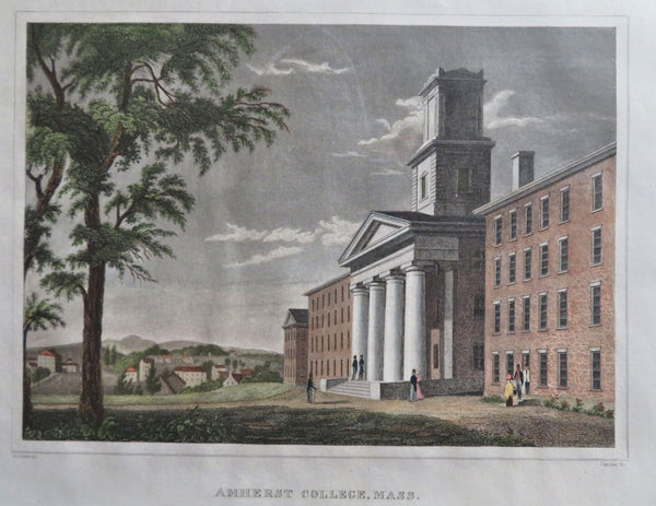 Amherst College Massachusetts architectural View 1834 Archer hand colored print