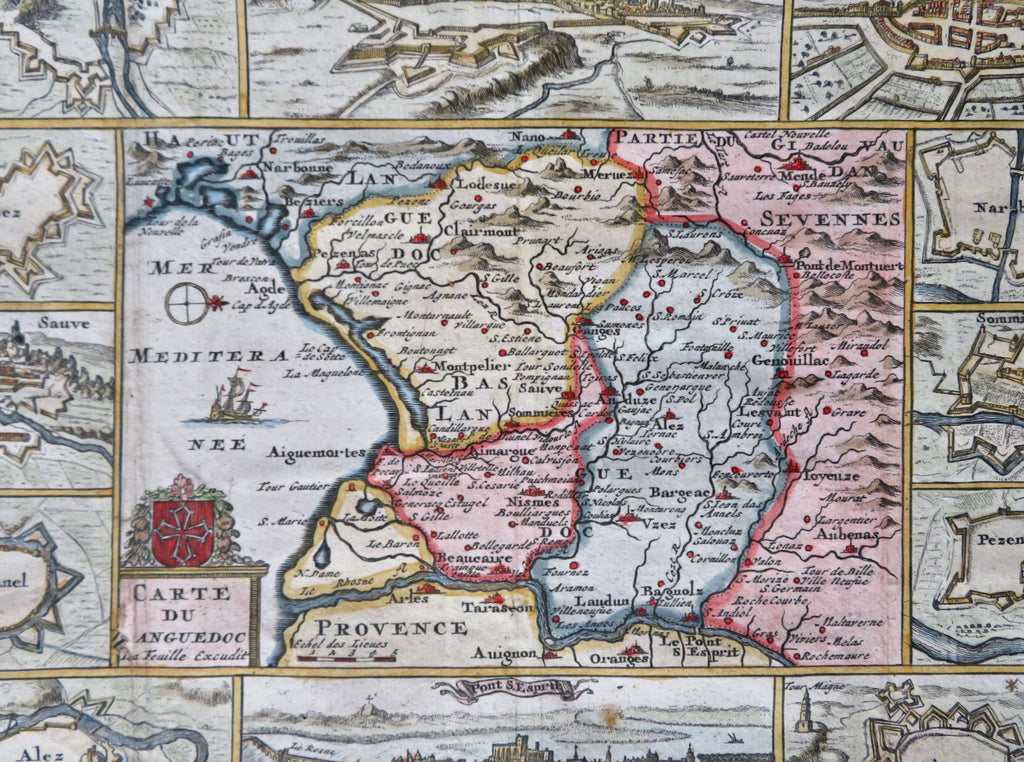 Languedoc Southern France w/ city views plan insets 1708 rare de la Feuille map