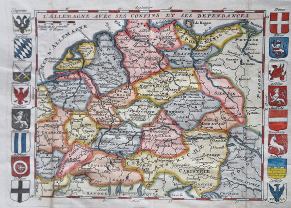 Holy Roman Empire Germany Austria Prussia 1708 rare decorative 16 flags map