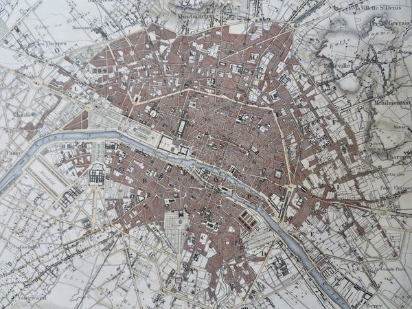 Paris France Seine River Champs Elysée Tuileries c. 1850's detailed city plan
