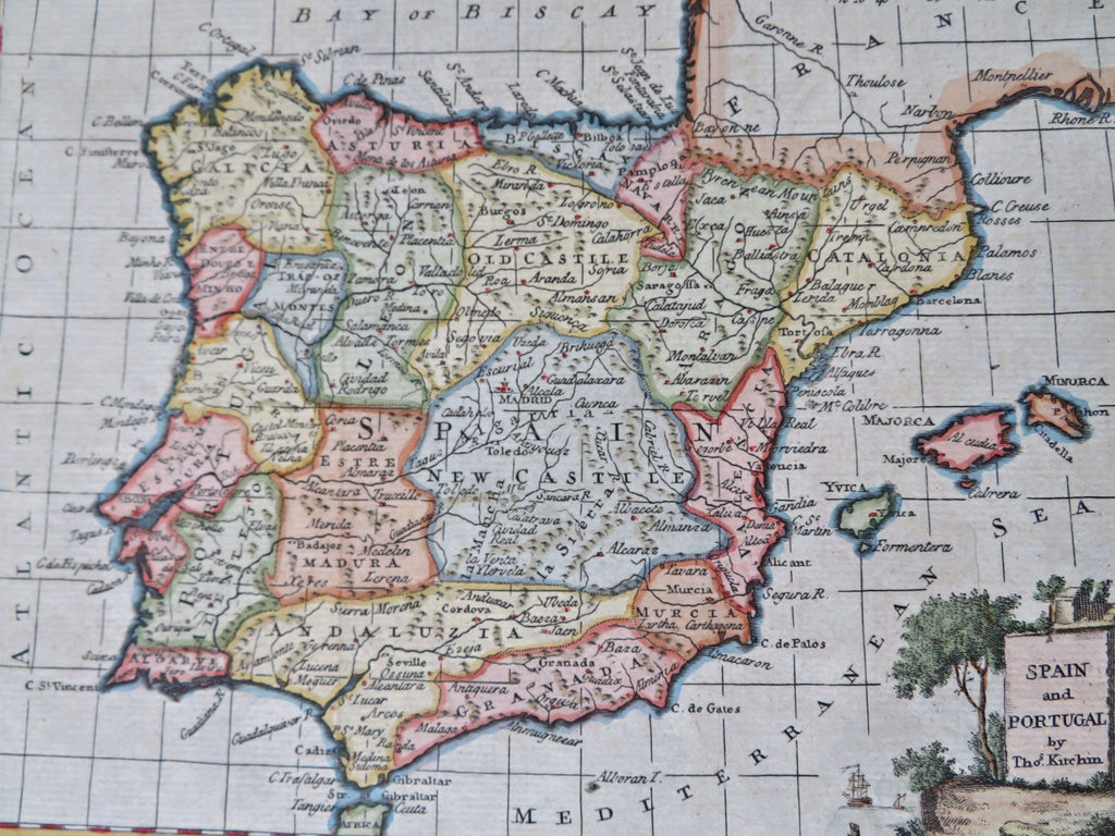 Spain & Portugal Madrid Lisbon Barcelona Pamplona 1770's Kitchin decorative map