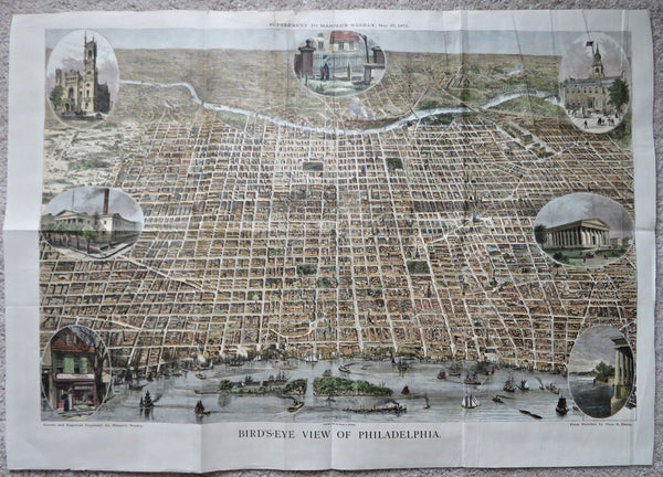 Philadelphia 1876 fantastic large Bird's Eye View City Plan Map w/ hand color