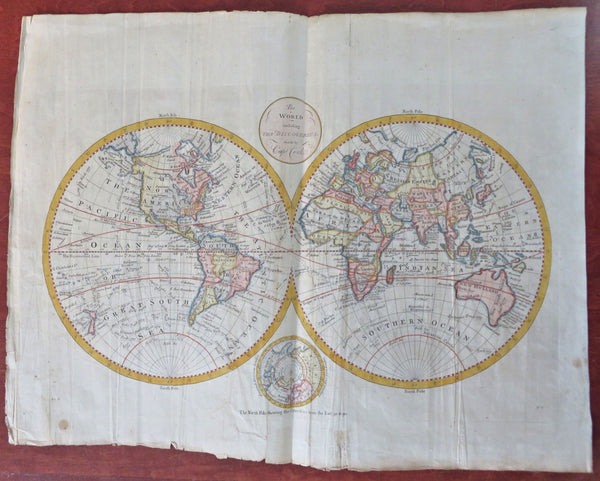 World Hemispheres map Captain Cook Travels death shown c. 1794 Lodge folio map