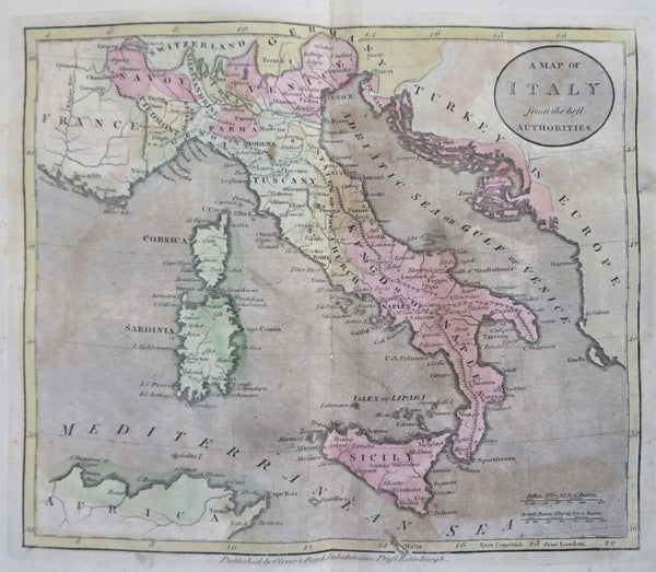 Italy Papal States Savoy Tuscany Piedmont Naples c. 1801 Oliver & Boyd rare map