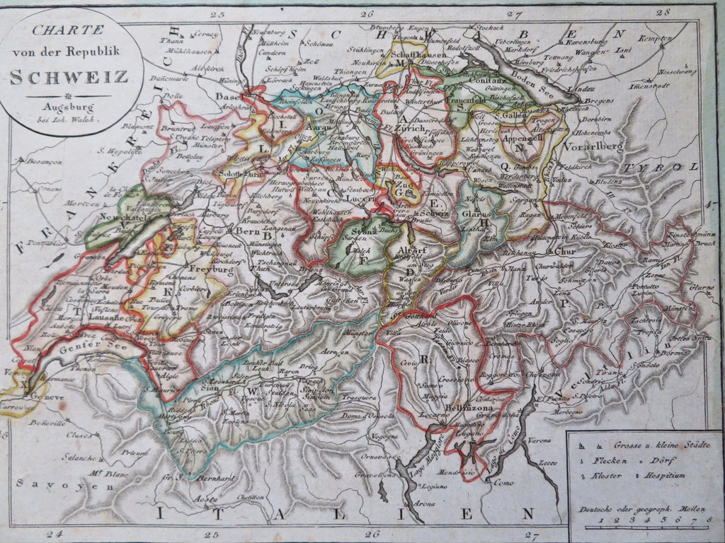 Republic of Switzerland Geneva Zurich Bern Swiss Alps 1818 Walch map