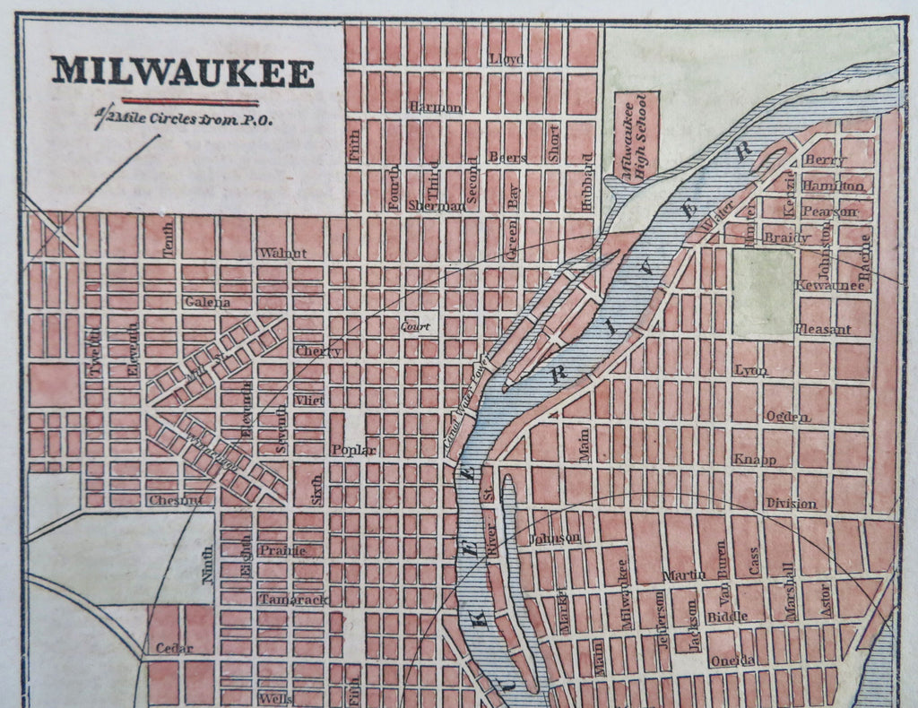 Milwaukee Wisconsin Detailed City Plan 1853 cerographic hand colored small map