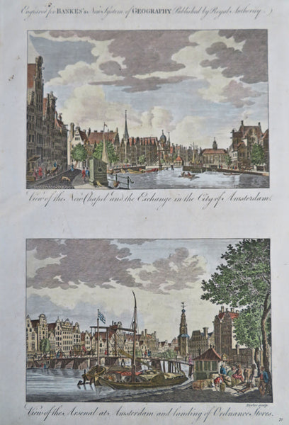 Amsterdam Netherlands Holland city views x2 c. 1770's engraved hand color print
