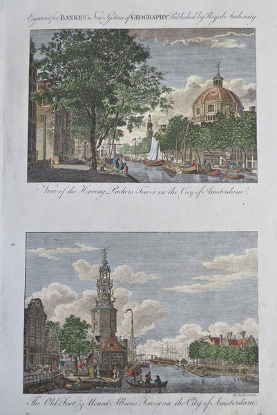 Amsterdam Holland city views x 2 hand color 1770's Montelbaan & Herring Packers