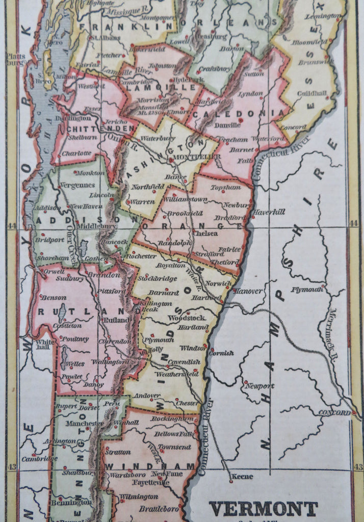 Vermont state map 1853 hand color scarce Lake Champlain Green Mountains