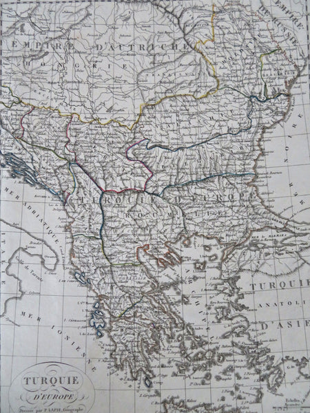 Ottoman Empire Balkans Serbia Albania Greece Romania 1810 Lapie hand color map