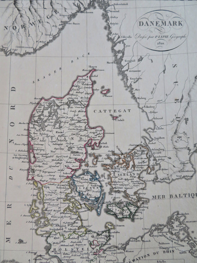 Kingdom of Denmark Sjaelland Jylland Fyn Copenhagen Baltic Sea 1810 Lapie map