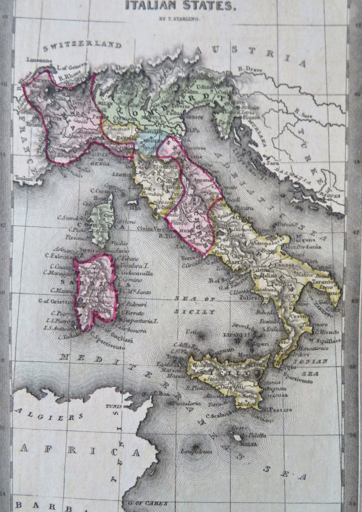 Italian States Italy 1830 charming hand color miniature Starling map