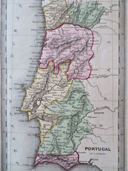 Portugal Lisbon Porto Evora Braganza 1830 nice hand color Starling miniature map