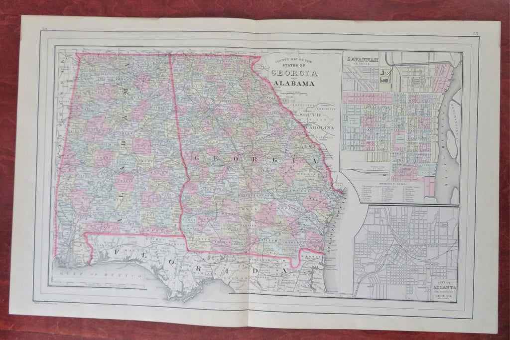 Georgia & Alabama states w/ Atlanta Savannah city plans 1887 Fine hand color map