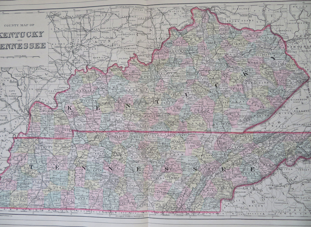 Kentucky & Tennessee states w/ counties 1887 fine large hand color map
