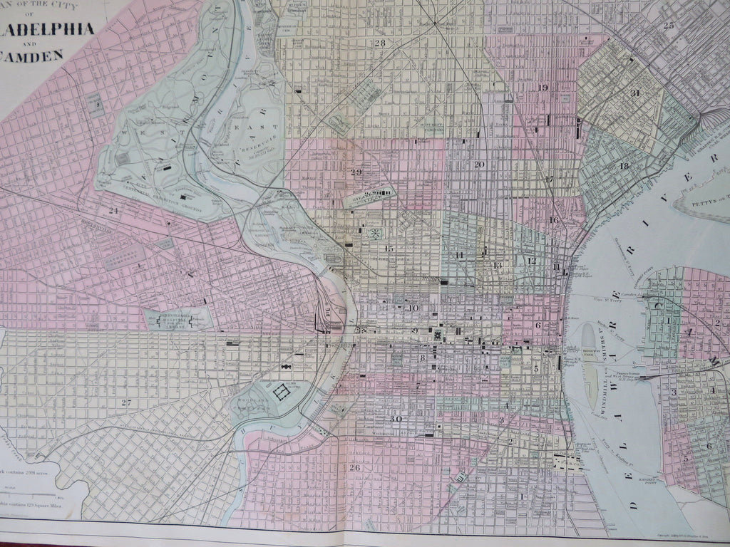 Philadelphia Pennsylvania & Camden New Jersey 1887 fine lg. hand color city plan