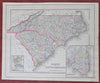 North & South Carolina states 1887 antique Bradley-Mitchell hand colored map