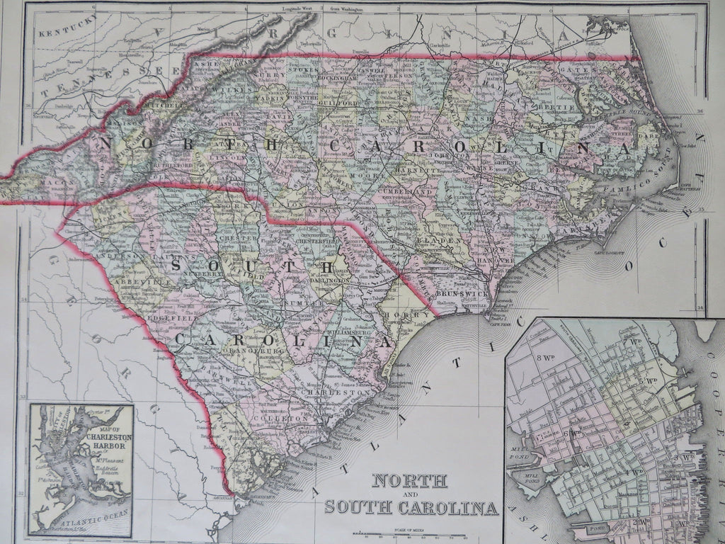 North & South Carolina states 1887 antique Bradley-Mitchell hand colored map