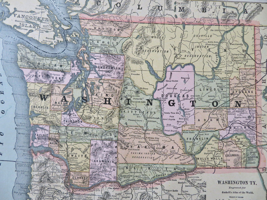 Washington Territory 1886 color Gaskell state map shows population of 75,116