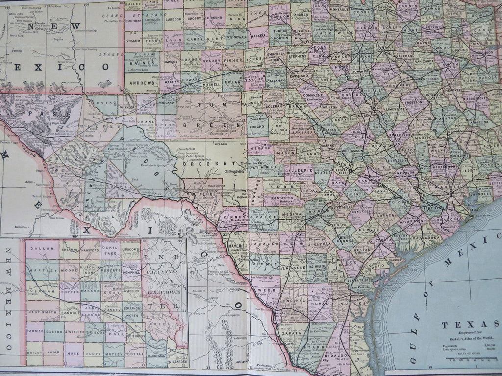 Texas State 1886 large color Gaskell map population of 1,591,749 people