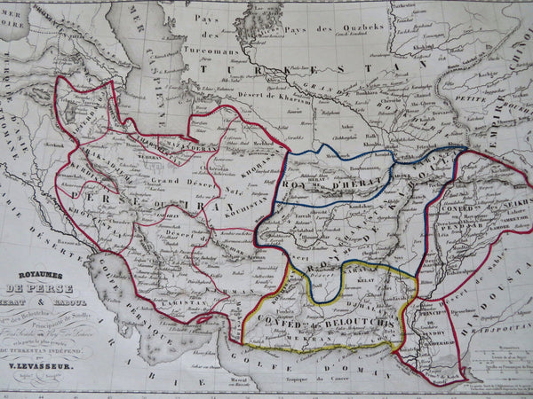 Persia Iran Afghanistan Baluchistan Turkestan 1852 Levasseur hand color map