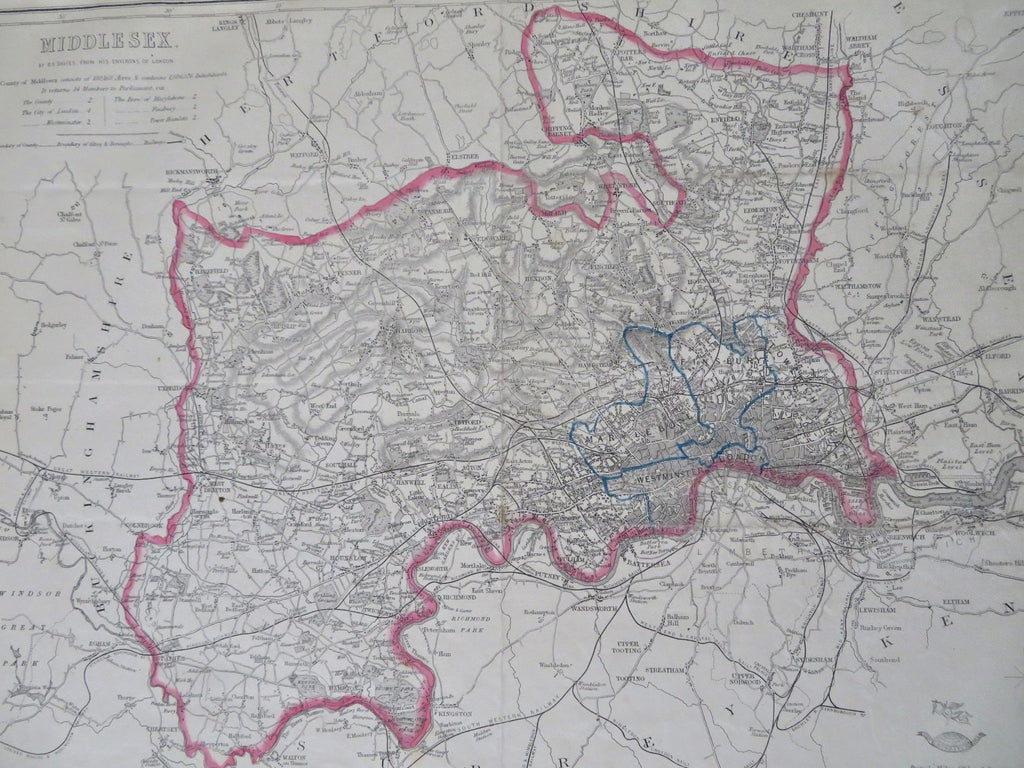 Middlesex England London Westminster Greenwich Enfield 1850's Well County Map