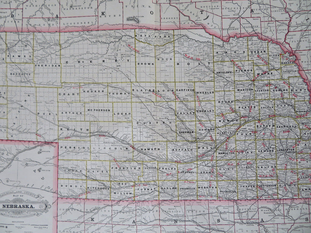 Nebraska Omaha Lincoln Bellevue Grand Island 1887 scarce large state map