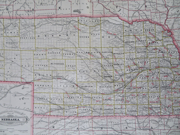 Nebraska Omaha Lincoln Bellevue Grand Island 1887 scarce large state map