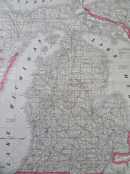 Michigan Detroit Lansing Flint Upper Peninsula 1887 large state map