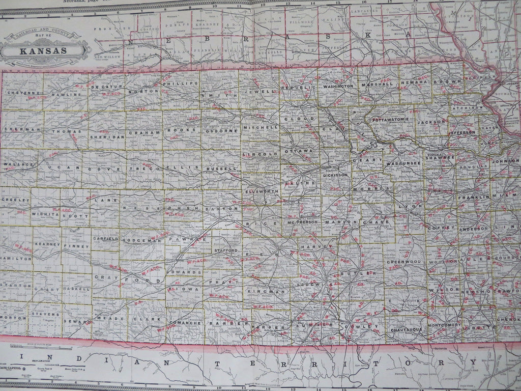 Kansas Wichita Kansas City Topeka Shawnee Lawrence 1887 large state map