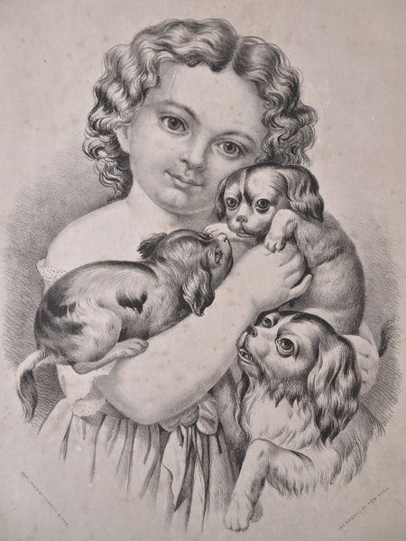 Papa's Pet Child Portrait Dogs Spaniels 1860's-70's Currier & Ives large print