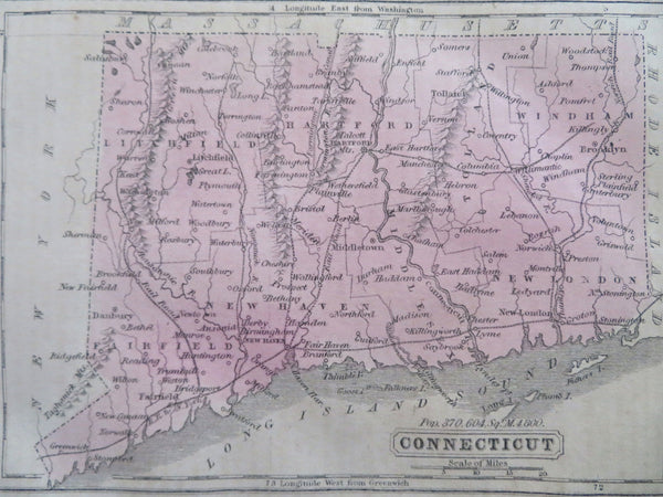 Connecticut New Haven Hartford Stamford Danbury 1859 Boynton miniature state map
