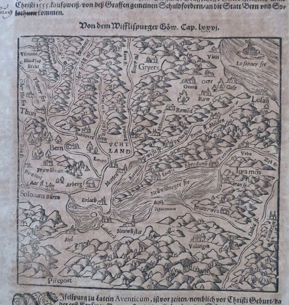 Avenches Lucern Lakes of Switzerland 1628 Munster Cosmography wood cut map