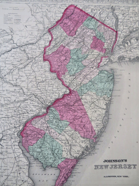 New Jersey State Camden Trenton Newark 1870 A.J. Johnson Scarce Issue map