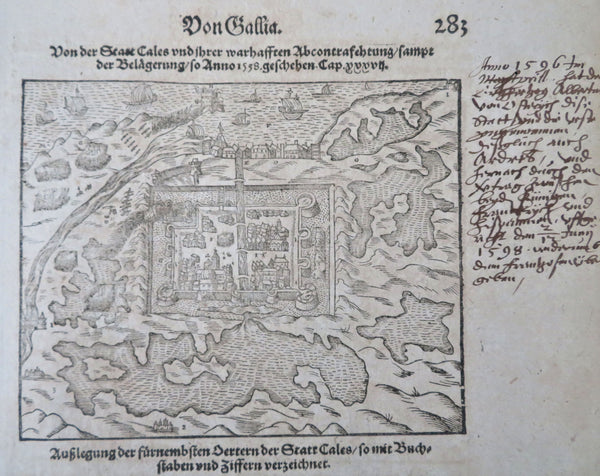 Calais Fortified City France 1628 Munster Cosmography wood cut print city view