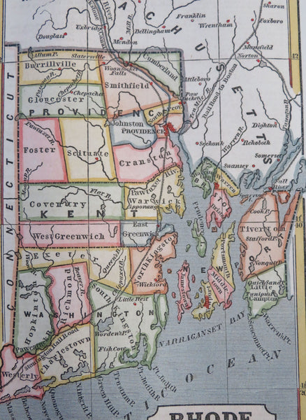 Rhode Island state Providence Newport Block Island 1853 scarce hand colored map