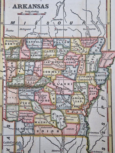 Arkansas state- Little Rock Ozarks Arkansas River 1853 scarce hand colored map