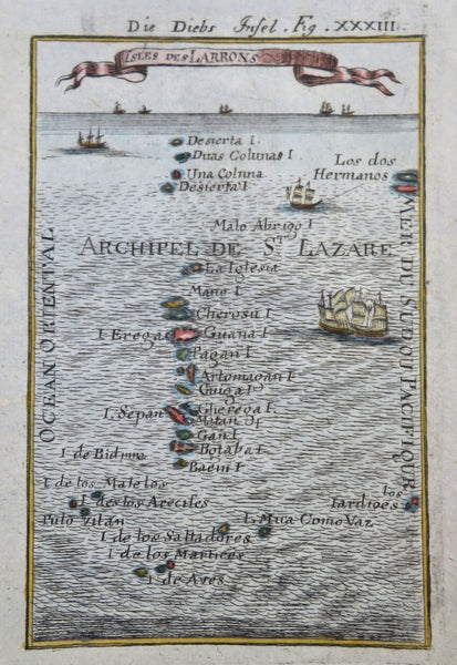 Mariana Islands Pacific Ocean Sailing Ships 1719 Mallet hand color miniature map