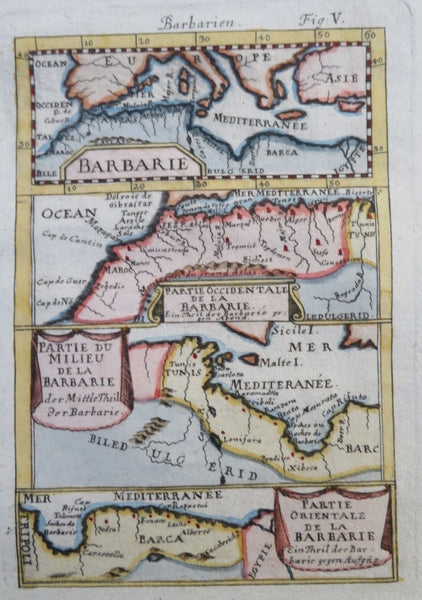 North Africa "Barbary Coast" Morocco Algeria Libya 1719 Mallet hand color map