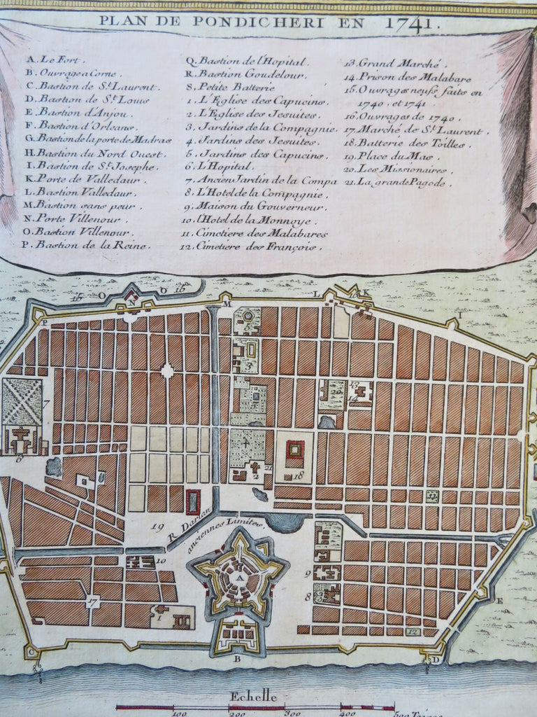 Puducherry Pondicheri French Colony Mughal India 1752 Hand color city plan