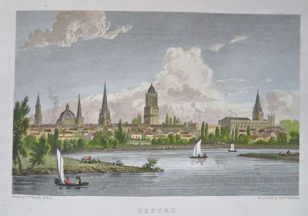 Oxford England City View Meadows Church Spire c.1850 Finden hand color city view