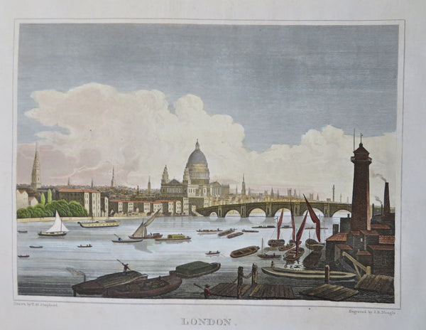 London England Thames River St. Paul's Cathedral c 1847 Neagle hand color print