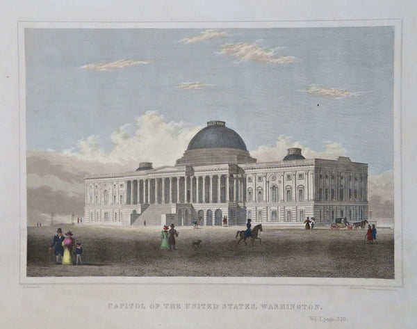 US Capitol Building Washington DC Unfinished Dome 1834 Andrews hand color print
