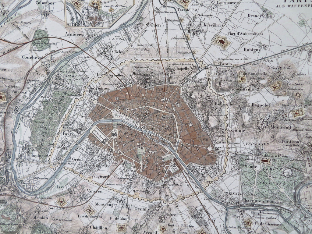 Paris France city plan c. 1850's Heck fine engraved & hand colored map