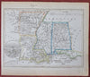 Louisiana Mississippi Arkansas Alabama New Orleans 1850 hand color engraved map